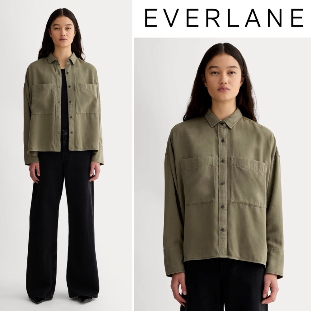 EVERLANE THE BOXY OVERSHIRT S BUTTERSOFT TENCEL KALAMATA OLIVE OVERSIZED SHIRT